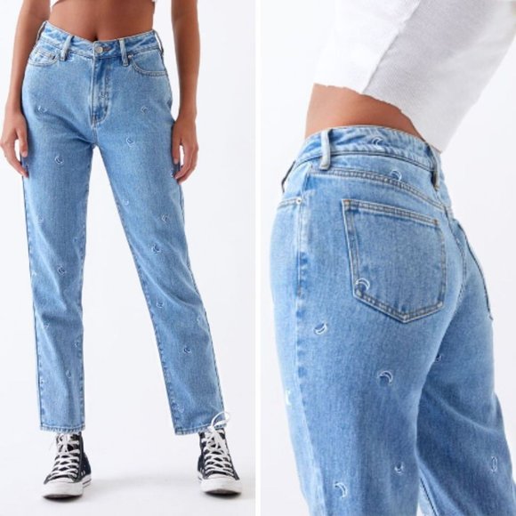PacSun Denim - Pacsun Cropped Mom Jeans with Moon Embroidery